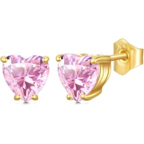 MRENITE Solid 14K Yellow Gold Tiny 6mm Pink Heart Opal/CZ/Pink pearl shell Stud Earrings for Teen/Women, Pink Gemstone Stud Earrings, Lab/Simulated October Birthstone Jewelry Gift for Her (with Push Back)