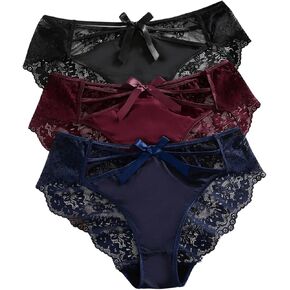 Verdusa Women's Plus Size 3 Pack Bow Lace Underwear Panties Mid Rise Briefs