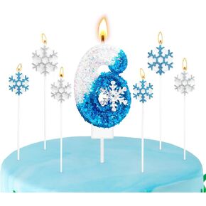 Snowflake Birthday Candles, Glitter Snowflake Number Birthday Candle for Party Supplies, Snowflake Winter Birthday Party Decorations, Cake Topper Decoration (Blue and Silver 7 Pcs, Number 5)