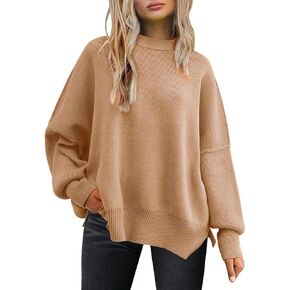 cordat Women's Crewneck Batwing Balloon Sleeves Sweaters 2024 Fall Winter Oversized Ribbed Knit Side Slit Pullover Tops