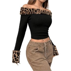 Floerns Women's Leopard Print Plush Off Shoulder Crop Sweater Long Sleeve Y2K Pullover Top