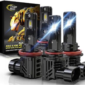 مصابيح Cougar Motor 9005 H11، مجموعة مصابيح الضباب HB3 H8 H9 (مجموعتان) تصميم مضغوط نحيف 6500K لاسلكي غير قطبي، مصابيح إضاءة للقيادة، حزمة Plug-N-Play مكونة من 4 قطع