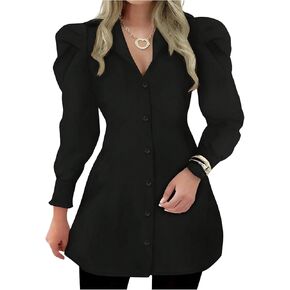 MakeMeChic Women's Puff Sleeve Button Down Blouse Frill Shirred Dressy Shirt Tops in Saudi Arabia