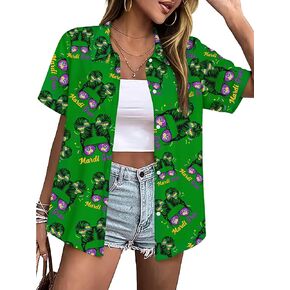 Mardi Gras Shirts for Women Fat Tuesday Carnival Masks Graphic Shirt Short Sleeve Button Up Hawiian Outfits