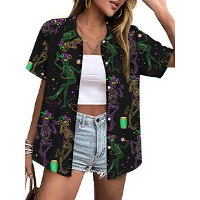 Mardi Gras Shirts for Women Fat Tuesday Carnival Masks Graphic Shirt Short Sleeve Button Up Hawiian Outfits in Saudi Arabia
