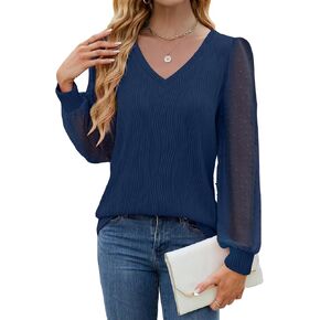 JUSTFASHIONNOW Womens Blouses Dressy Casual Long Sleeve Shirts V Neck Puff Sleeve Business Tops Work Shirts Trendy Holiday