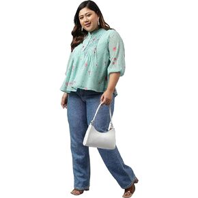 Indian Women's Plus Size Sea Green Dobby Georgette Floral Printed Print Flared Top