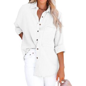 R.Vivimos Women's Fall Cotton Long Sleeve Oversized Loose Casual Button Down Shirts Blouses with Pocket