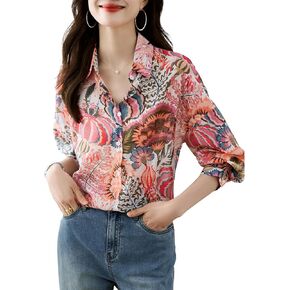 LAI MENG FIVE CATS Women's Button Down Floral Print Shirt Casual Long Sleeve Loose fit Blouses Tops