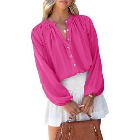 SENSERISE Womens Long Sleeve Button Down Shirt Casual Solid Color Balloon Sleeve V Neck Tops Satin Silk Blouses