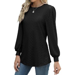Long Sleeve Eyelet Tops for Women 2025 Spring Fall Crew Neck Shirts Casual Loose Blouse Trend Outfits Clothes