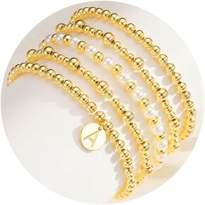 Gold Beaded Bracelet for Women Initial A-Z 18K Gold Plated Stack Pearl Beaded Bracelet Sets Stretch Bead Ball Bangle with Letter Jewelry Gifts