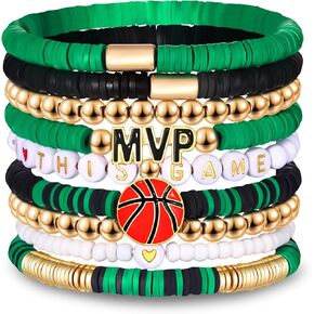 9 Pack Basketball Bracelets Stack Basketball Friendship Bracelets Heishi Beaded Stretch Bracelets Basketball Game Day MVP Sports Fan Bracelets Jewelry Gifts