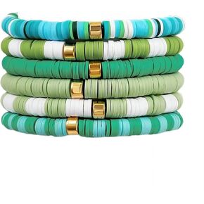 Pingyongchang Bohemian Colored Polymer Clay Bracelet for Women Heishi Clay Surfer Bead Stretch Bracelets Vinyl Disc Polymer Stackable Layering Bracelet Set for Women Summer Beach Jewelry