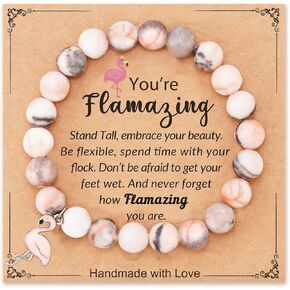Pink Flamingo Beads Elastic Bracelet for Women Handmade Stretch Natural Stone Beaded Positive Bird Pendant Animal Charm Sweet Bangle Bracelets Inspirational Jewelry Gifts With Message Card for Daughter