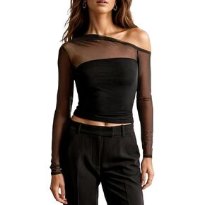 Off The Shoulder Tops for Women Y2k Going Out Long Sleeve Crop Top Trendy Mesh Sheer Sexy Shirts Blouses