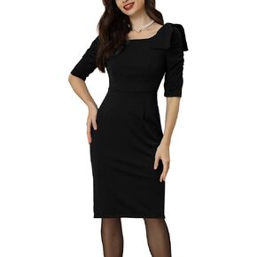 Allegra K Sheath Pencil Dress for Women's Work Casual Square Neck Ruched Sleeve Bow Bodycon Cocktail Dress