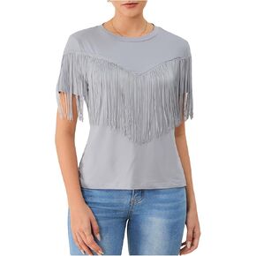 MakeMeChic Women's Fringe Tops Short Sleeve Tassel Trim Dressy Casual Summer Trendy Tops Tee Shirt
