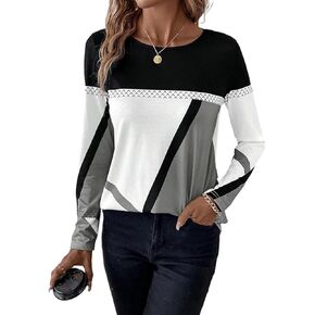 Apvirdy Color Block Tops for Women Casual Crewneck Patchwork T Shirts Fall Loose Long Sleeve Tunic Tops 2024