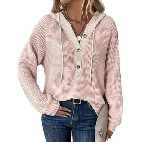 Flamingals Women's Waffle Hoodie Drawstring Button Front V Neck Contrast Binding Hoodie