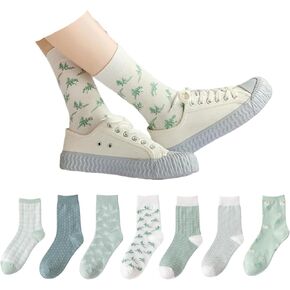 Plant Socks for Women Checker Crew Sock 7 Pairs Cute Daisy Polka Dots Preppy High Ankle Japanese Style