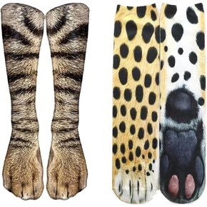 2 Pairs 3D Printing Socks with Animal Paws Adorable Cat & Leopard Paws 3D Printed Long Socks Novelty Socks Gag Gifts for Halloween Christmas