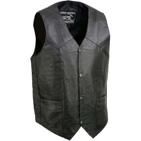 EL1310GO Classic Snap Button Black Motorcycle Leather Vest for Men - Riding Club Adult Motorcycle Vests
