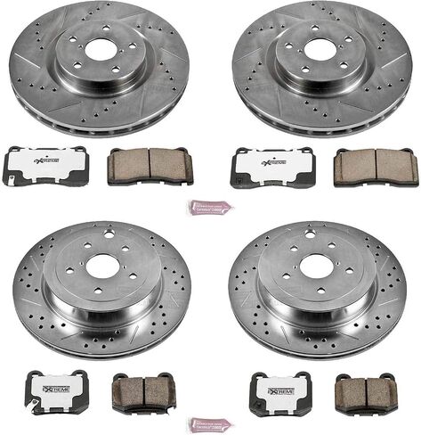 Power Stop K4490-26 وسادات الفرامل الأمامية والخلفية Z26 من ألياف الكربون مع مجموعة دوارات الفرامل المحفورة والمشقوقة لـ 2008 2009 2010 2011 2012 2013 2014 2015 2016 2017 Subaru Impreza WRX Sti in Saudi Arabia