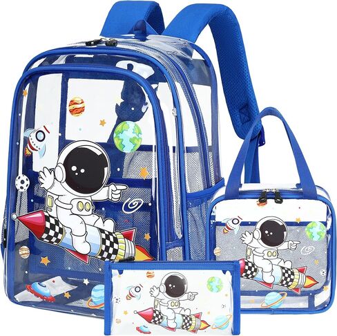 Clear Backpack for Boys Girls,15.6 Inch Kids Clear Backpack Set with Lunch Bag Pencil Case Heavy Duty PVC Elementary Bookbag for School Students See Through Transparent Travel Back Pack,Blue Astronaut in Kuwait