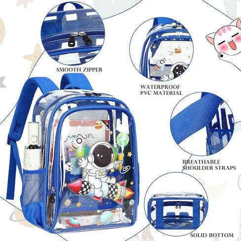 Clear Backpack for Boys Girls,15.6 Inch Kids Clear Backpack Set with Lunch Bag Pencil Case Heavy Duty PVC Elementary Bookbag for School Students See Through Transparent Travel Back Pack,Blue Astronaut in Kuwait