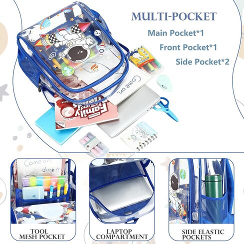 Clear Backpack for Boys Girls,15.6 Inch Kids Clear Backpack Set with Lunch Bag Pencil Case Heavy Duty PVC Elementary Bookbag for School Students See Through Transparent Travel Back Pack,Blue Astronaut in Kuwait