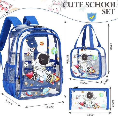 Clear Backpack for Boys Girls,15.6 Inch Kids Clear Backpack Set with Lunch Bag Pencil Case Heavy Duty PVC Elementary Bookbag for School Students See Through Transparent Travel Back Pack,Blue Astronaut in Kuwait
