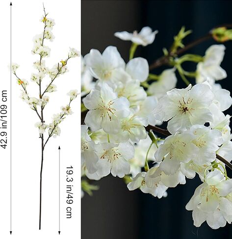 6PCS Artificial Cherry Blossom Branches Faux Cherry Silk Flowers Vine Tall Stems Artificial Flower for Vase Wedding Home Decor (White) in Kuwait