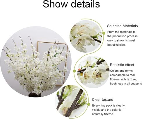 6PCS Artificial Cherry Blossom Branches Faux Cherry Silk Flowers Vine Tall Stems Artificial Flower for Vase Wedding Home Decor (White) in Kuwait