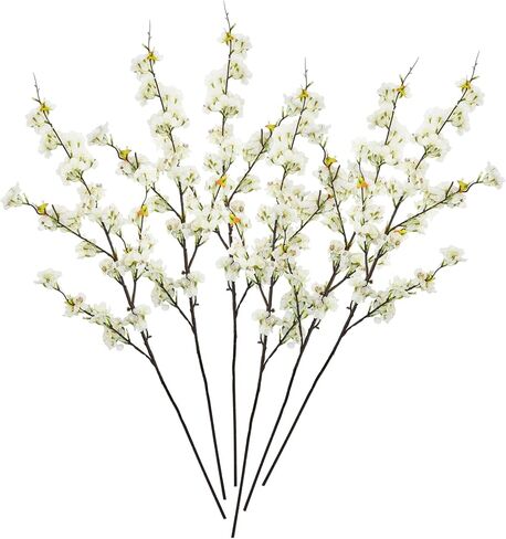 6PCS Artificial Cherry Blossom Branches Faux Cherry Silk Flowers Vine Tall Stems Artificial Flower for Vase Wedding Home Decor (White) in Kuwait