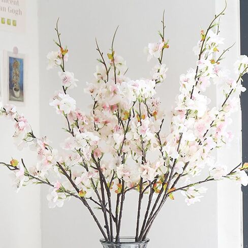 6PCS Artificial Cherry Blossom Branches Faux Cherry Silk Flowers Vine Tall Stems Artificial Flower for Vase Wedding Home Decor (White) in Kuwait