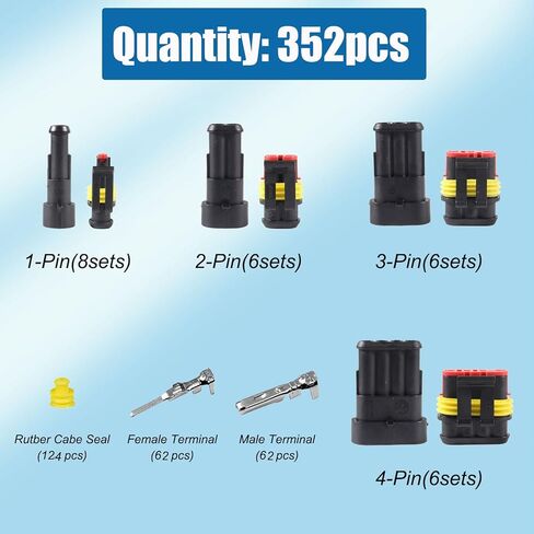 DIANN مقاوم للماء محطات موصل كهربائي للسيارة 352 قطعة مجموعة توصيل أسلاك كهربائية للسيارات 1/2/3/4 دبوس موصلات ذكر وأنثى in Kuwait