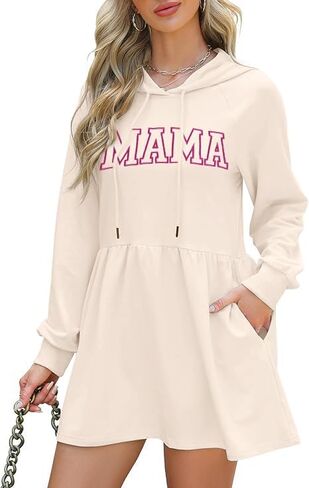 فستان MYHALF كاجوال بقلنسوة للنساء فستان سويت شيرت مطرز ماما للخريف بأكمام طويلة فستان بلوفر عصري مع جيوب in Kuwait