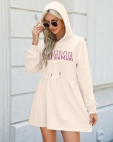 فستان MYHALF كاجوال بقلنسوة للنساء فستان سويت شيرت مطرز ماما للخريف بأكمام طويلة فستان بلوفر عصري مع جيوب in Kuwait