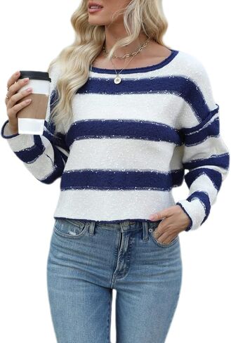Womens Striped Cropped Sweater Crew Neck Oversized Pullover Jumper Tops Drop Shoulder Long Sleeve Casual Trendy Outfit in Saudi Arabia