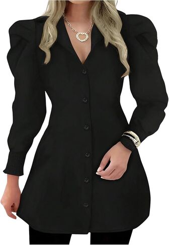 بلوزة نسائية من MakeMeChic بأكمام منتفخة وأزرار سفلية مكشكشة ومكشكشة in Saudi Arabia