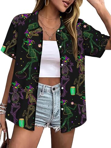 Mardi Gras Shirts for Women Fat Tuesday Carnival Masks Graphic Shirt Short Sleeve Button Up Hawiian Outfits in Saudi Arabia