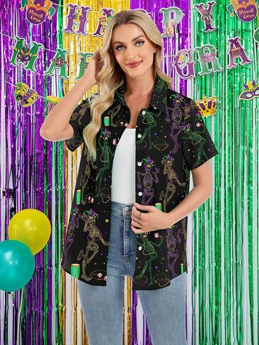 Mardi Gras Shirts for Women Fat Tuesday Carnival Masks Graphic Shirt Short Sleeve Button Up Hawiian Outfits in Saudi Arabia