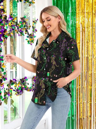 Mardi Gras Shirts for Women Fat Tuesday Carnival Masks Graphic Shirt Short Sleeve Button Up Hawiian Outfits in Saudi Arabia