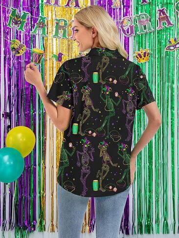 Mardi Gras Shirts for Women Fat Tuesday Carnival Masks Graphic Shirt Short Sleeve Button Up Hawiian Outfits in Saudi Arabia