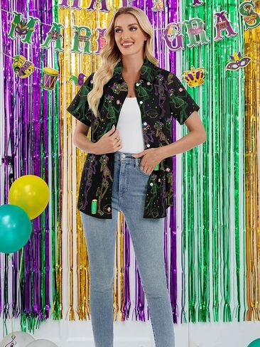 Mardi Gras Shirts for Women Fat Tuesday Carnival Masks Graphic Shirt Short Sleeve Button Up Hawiian Outfits in Saudi Arabia