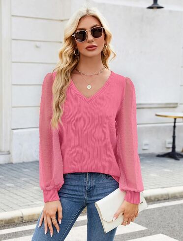 بلوزات نسائية من JUSTFASHIONNOW قمصان كاجوال بأكمام طويلة وياقة على شكل V وأكمام منتفخة، قمصان عمل، قمصان عصرية للعطلات in Saudi Arabia
