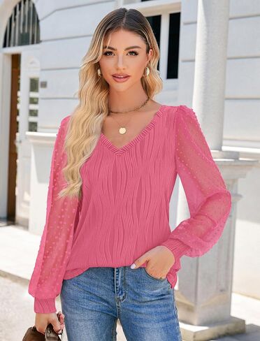 بلوزات نسائية من JUSTFASHIONNOW قمصان كاجوال بأكمام طويلة وياقة على شكل V وأكمام منتفخة، قمصان عمل، قمصان عصرية للعطلات in Saudi Arabia