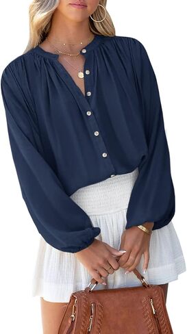 SENSERISE Womens Long Sleeve Button Down Shirt Casual Solid Color Balloon Sleeve V Neck Tops Satin Silk Blouses in Saudi Arabia