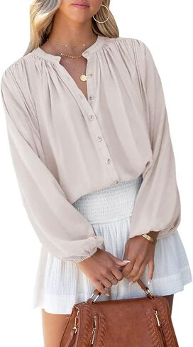 SENSERISE Womens Long Sleeve Button Down Shirt Casual Solid Color Balloon Sleeve V Neck Tops Satin Silk Blouses in Saudi Arabia